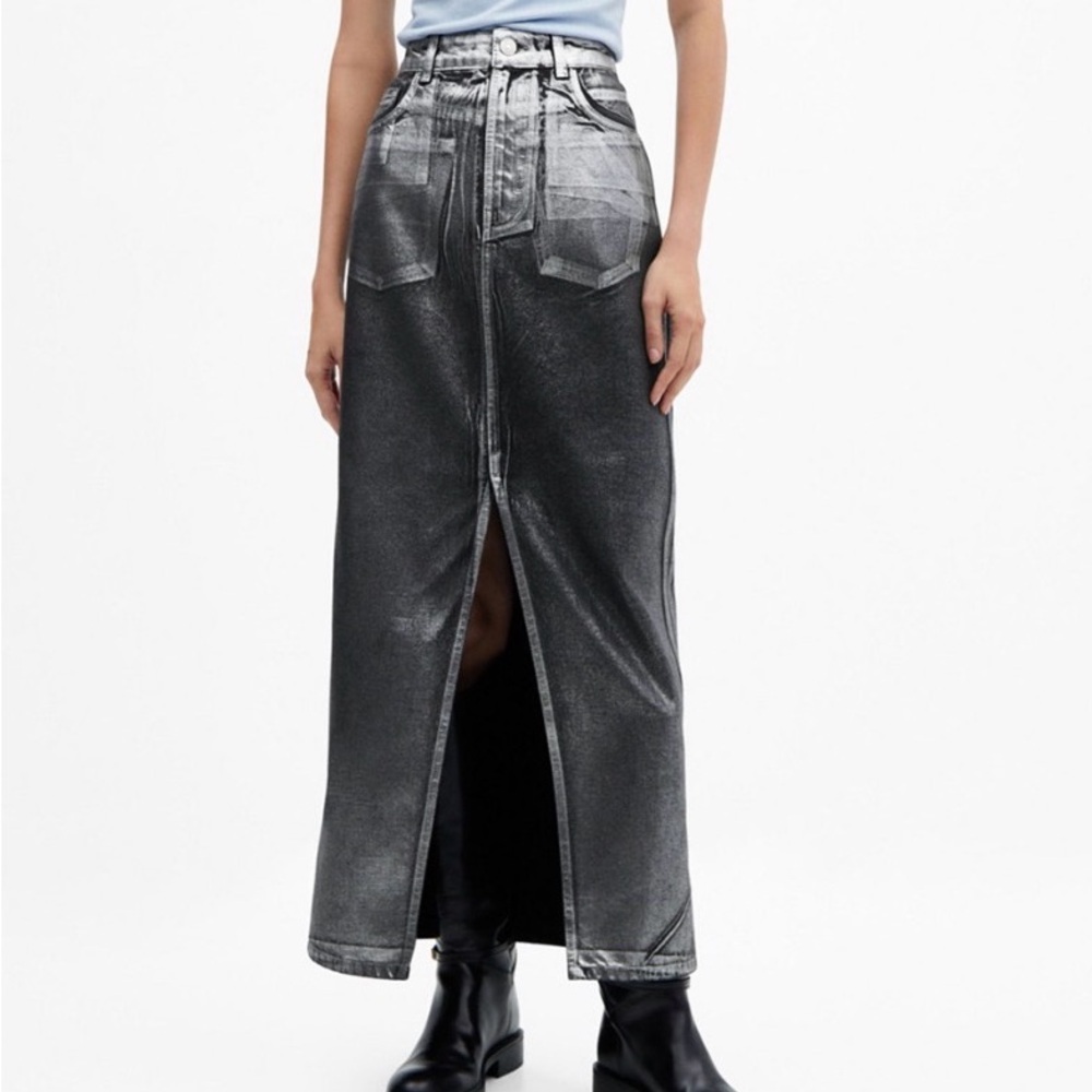 Mango (mng) Long Foil Denim Metallic Maxi Skirt Black Size Large